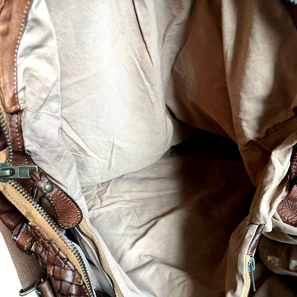 Bruno Magli Woven Leather Satchel Weekender Travel Bag Cognac Brown - Picture 9 of 16